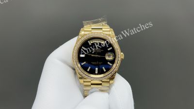 8+ Factory Rolex Daydate 36/40mm DD 3255 Movement Black Face Baguette-cut Diamond Markers Watch